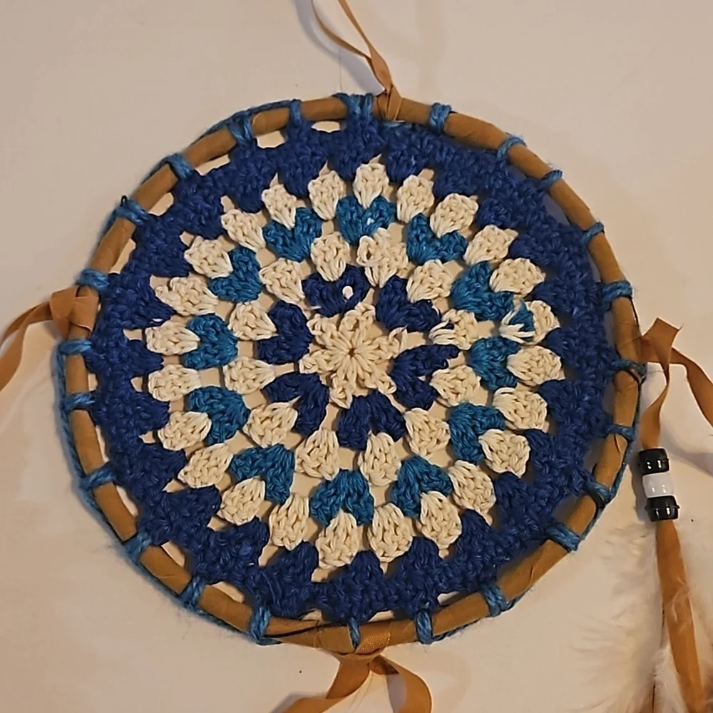 Hand Crafted crochet floral dreamcatcher blue eclectic textile arts wall decor